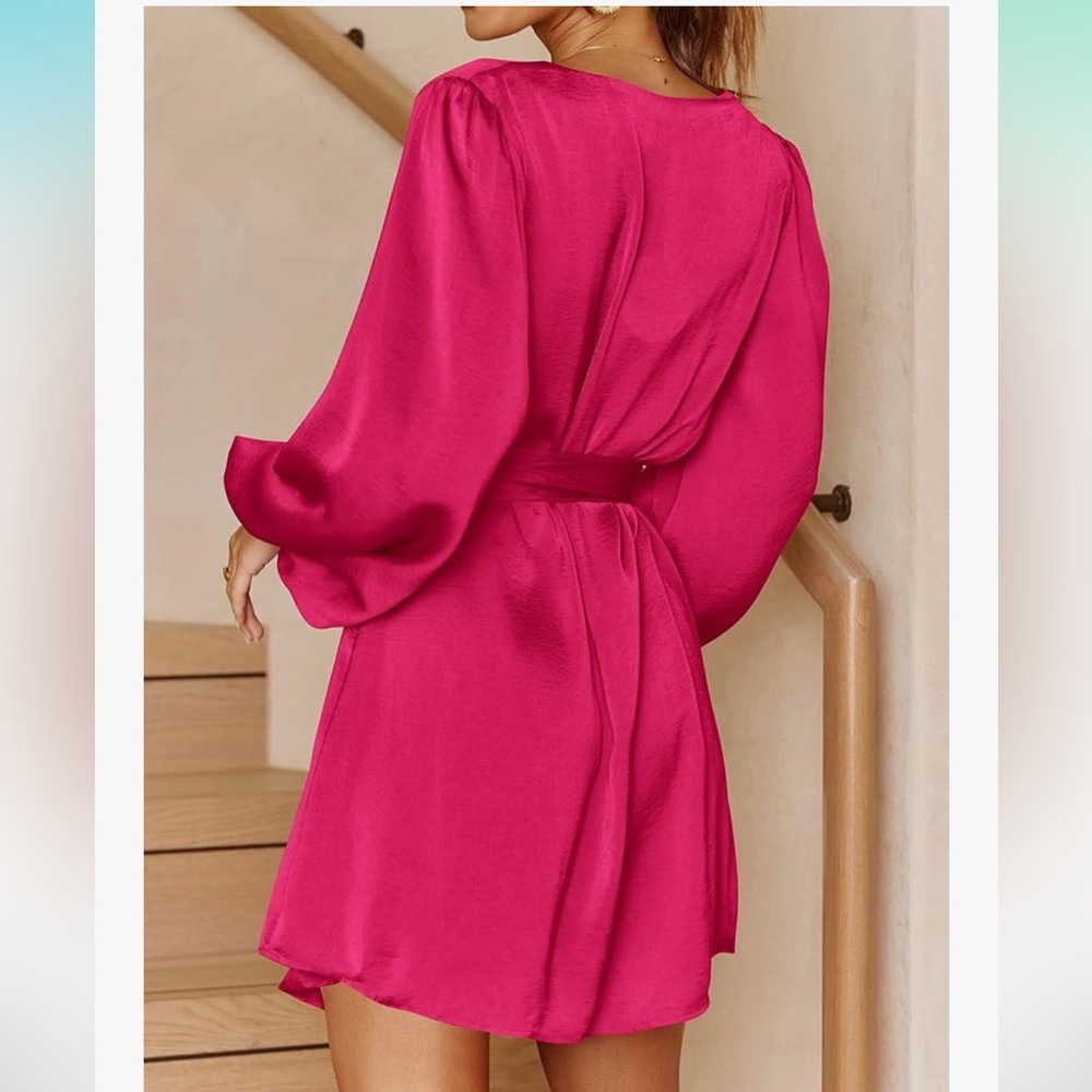 Women's Long Puff Sleeve Satin Dress V Neck Cocktail Party Belted dress (Medium) - Picture 2 of 5